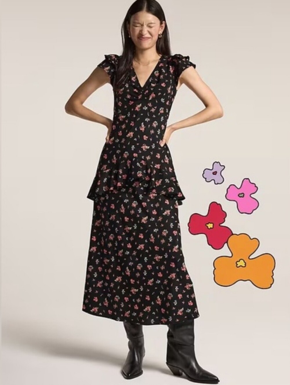 Old Navy Anna Sui Black Ruffle Midi Dress With Red Floral Print Size M